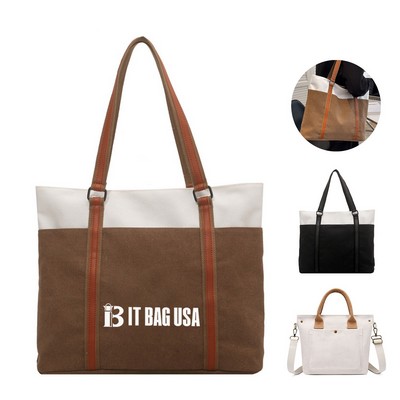 Two-Tone Canvas Zipper Tote Bag