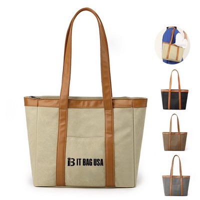 Large Canvas Leather Tote Bag w/ Front Pocket