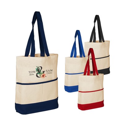 100% Cotton Canvas Tote Bag W/Color Accent Pocke